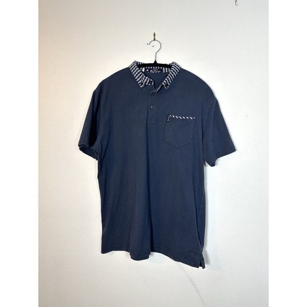 Ben Sherman Men's Navy Blue Woven Dobby Collar Polo Shirt Large L Plaid‎ Pocket